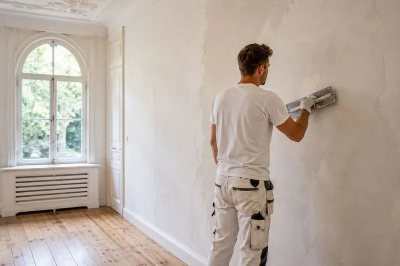 Stukadoor herstelt een oude wand met renovatiestucwerk